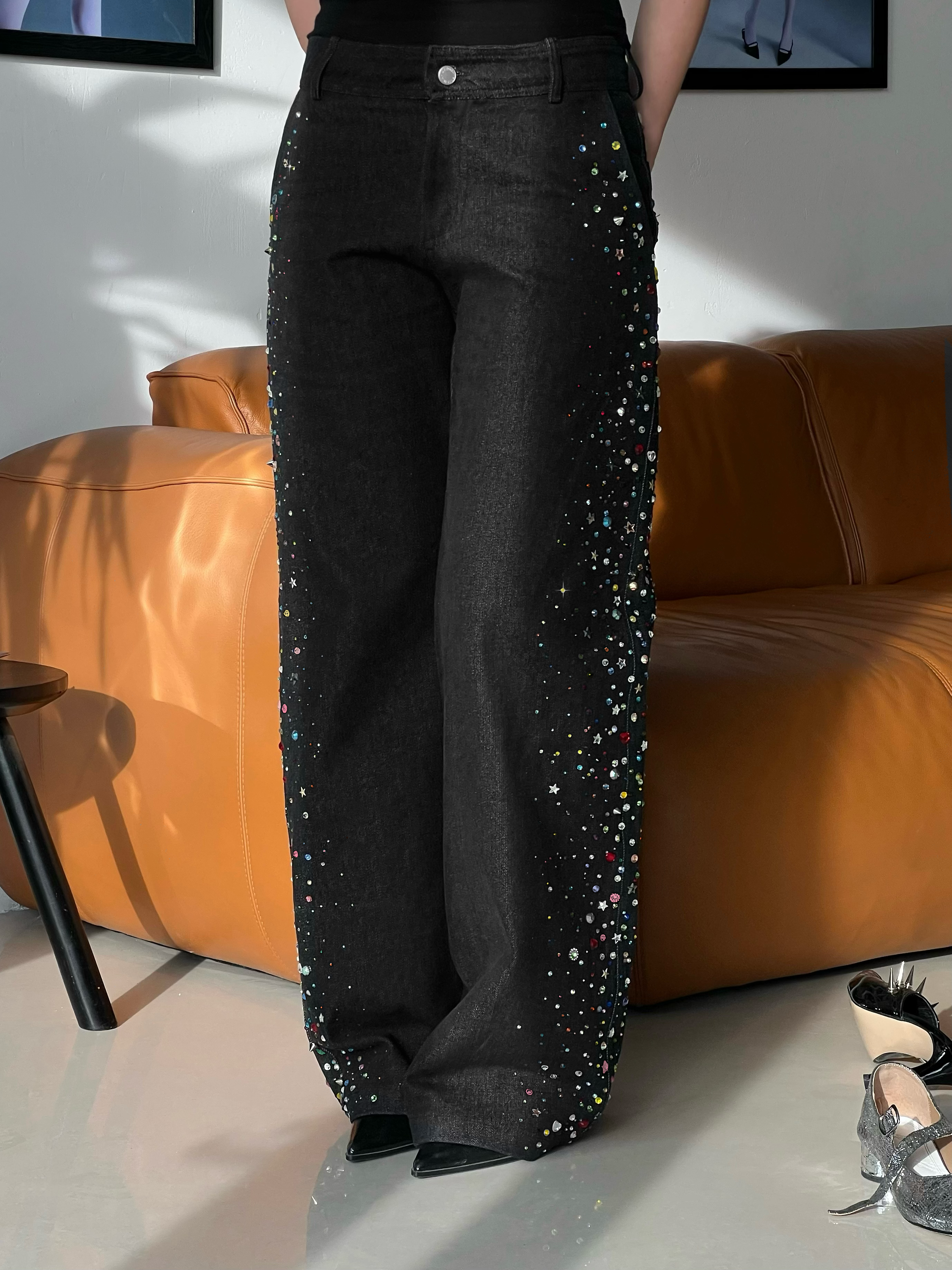 Black jean pants with colorful sequins