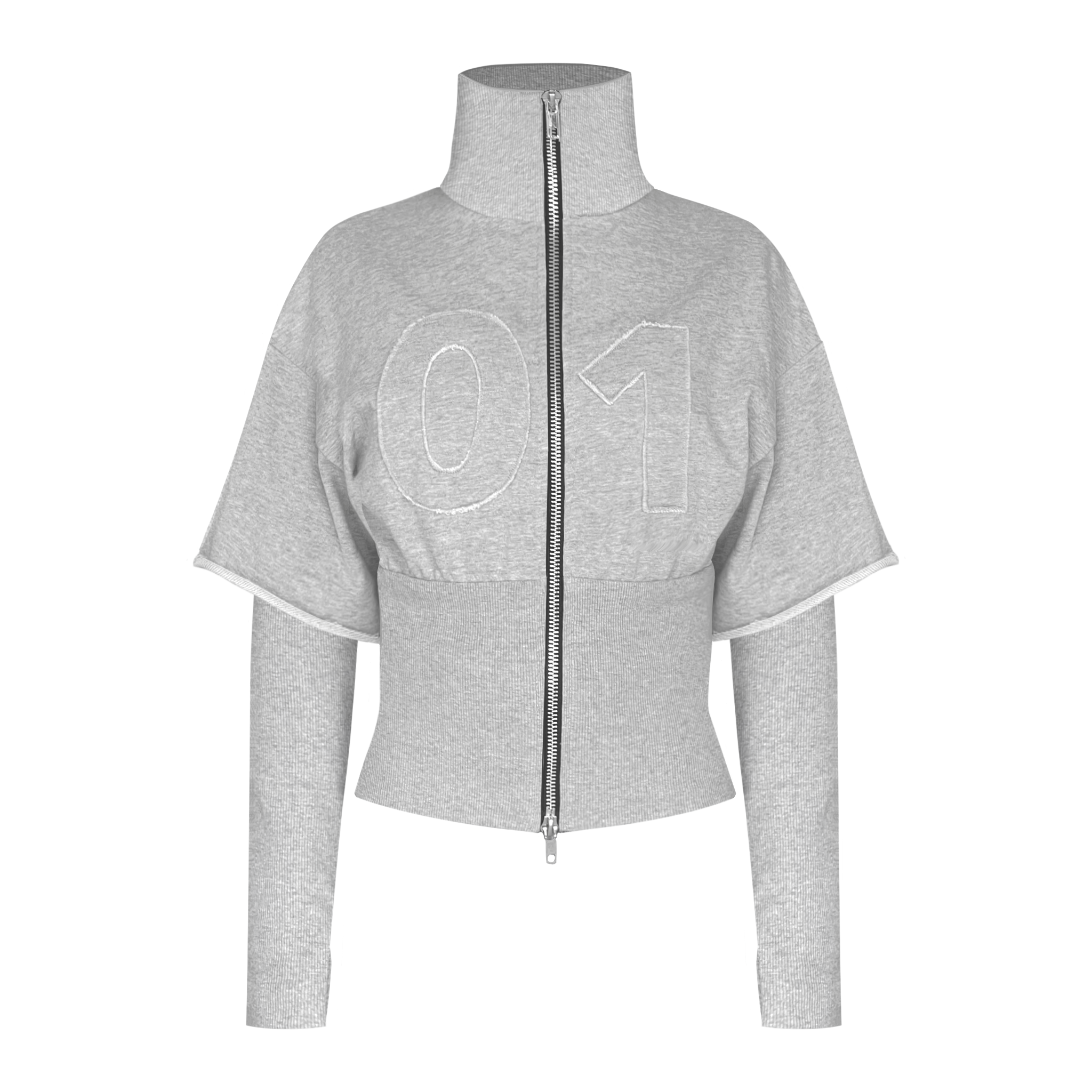Grey hoodie with embroidered 0 1, long sleeves and zipper