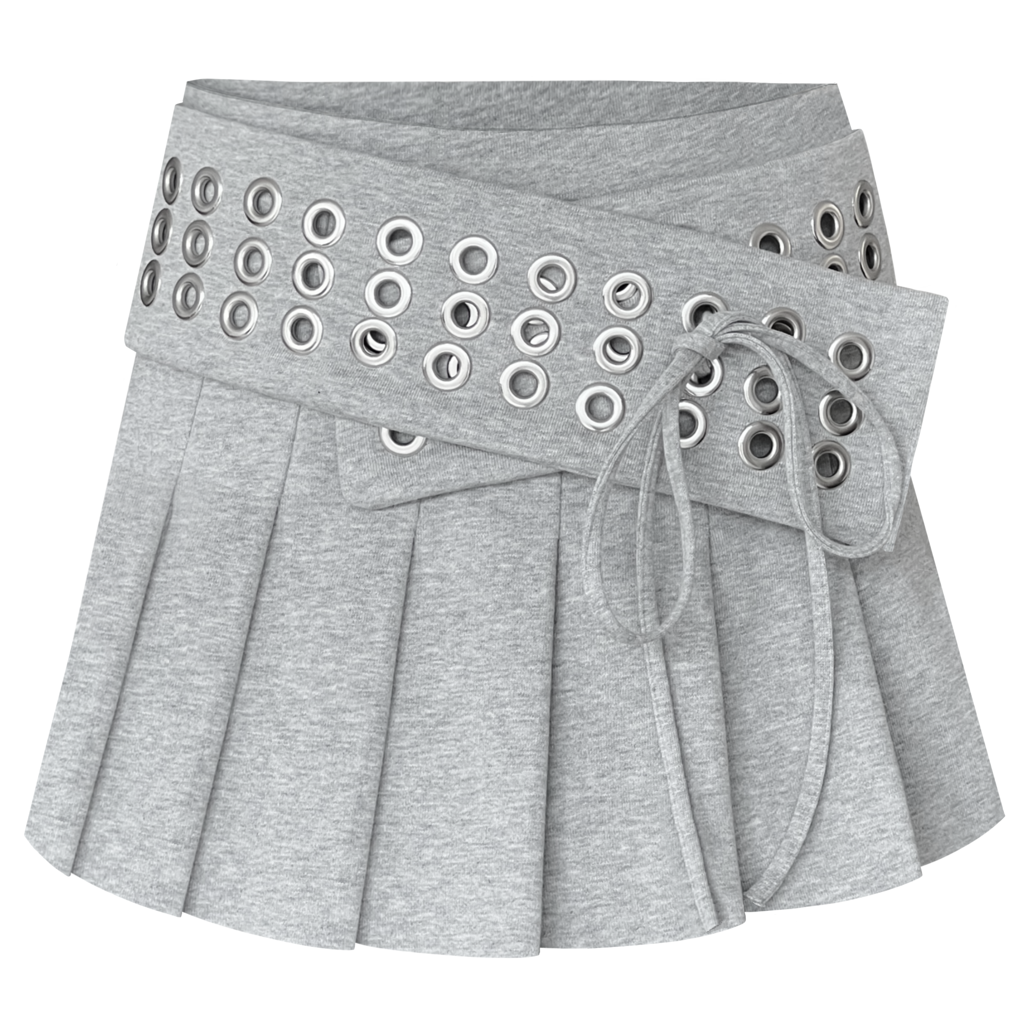 Gray pleated mini skirt with hooped belt and bow tie