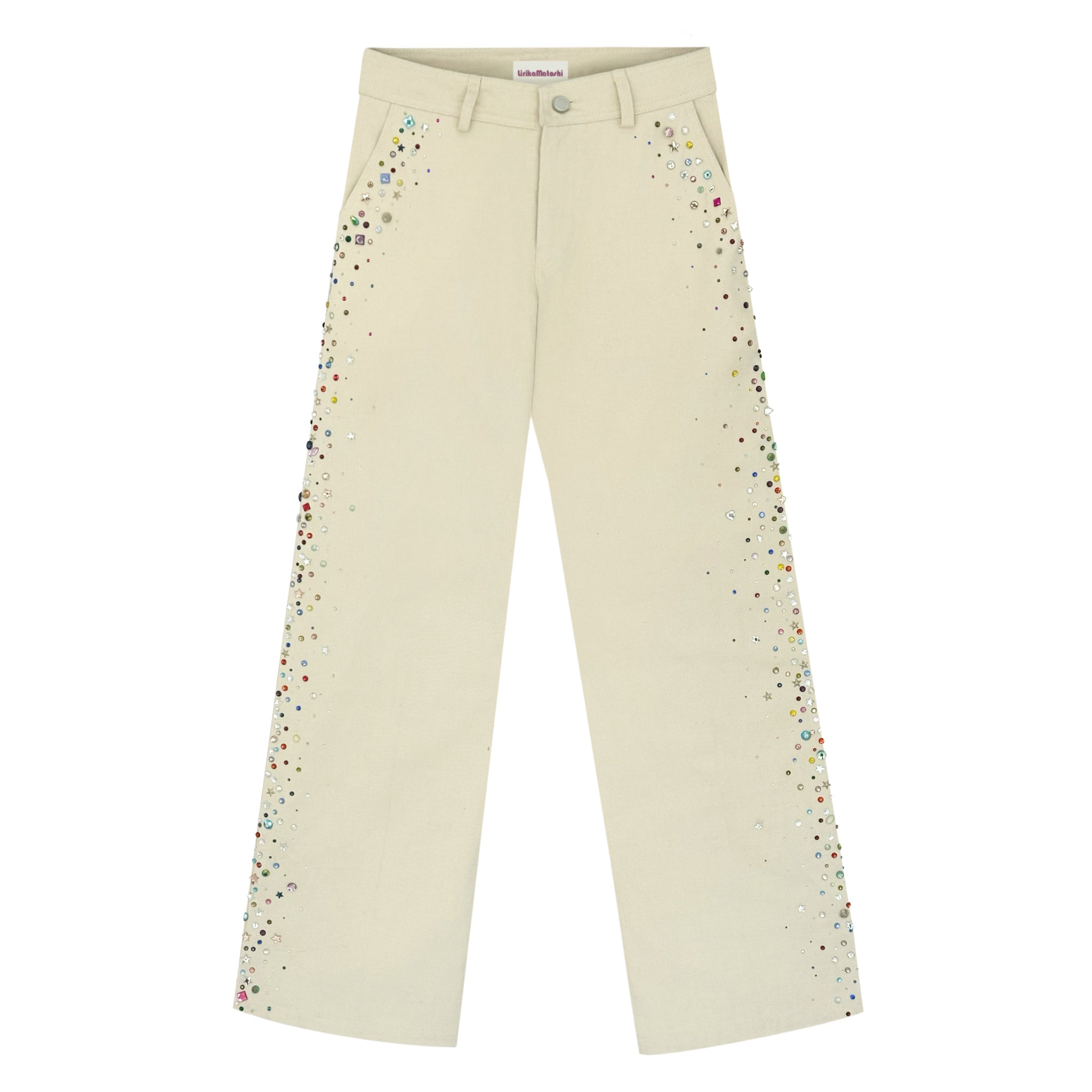 Beige jeans with colorful embellishments