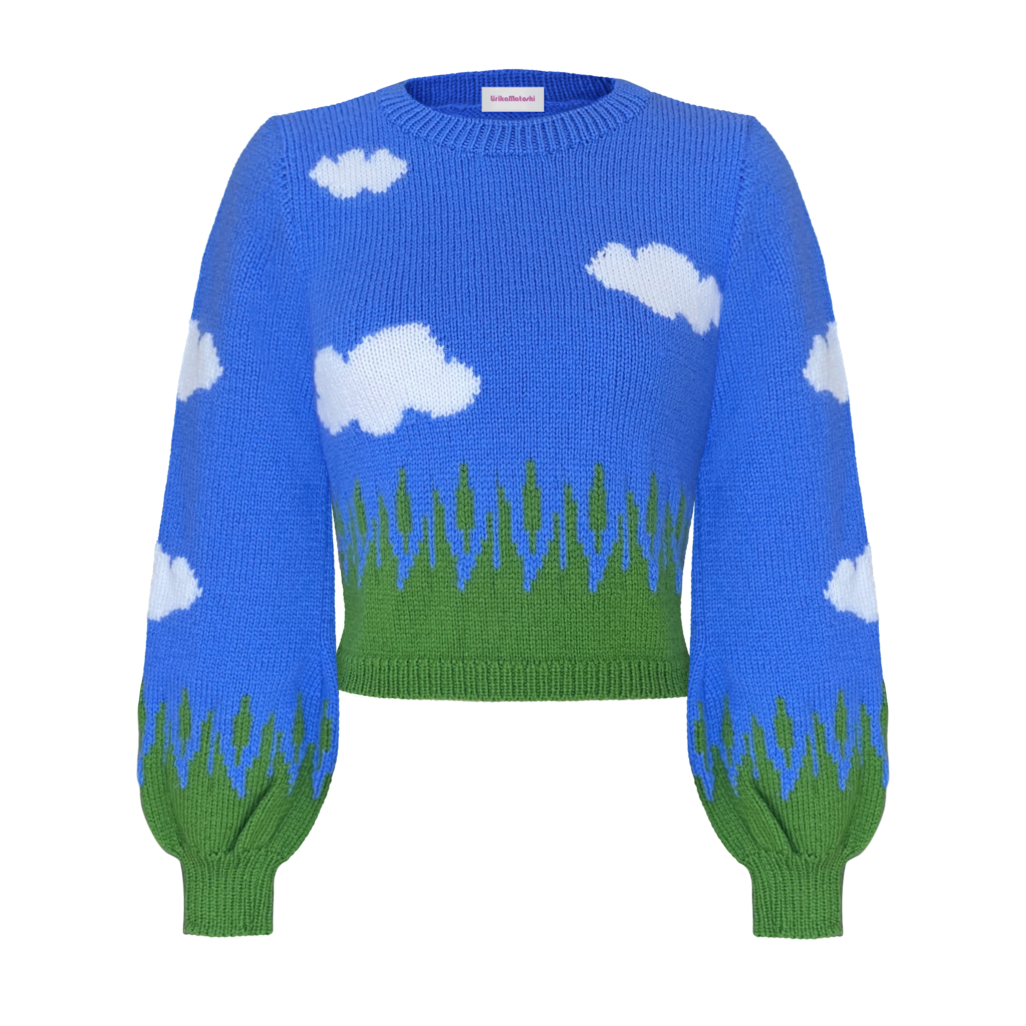 Blue knitted sweater with cloud and grass pattern