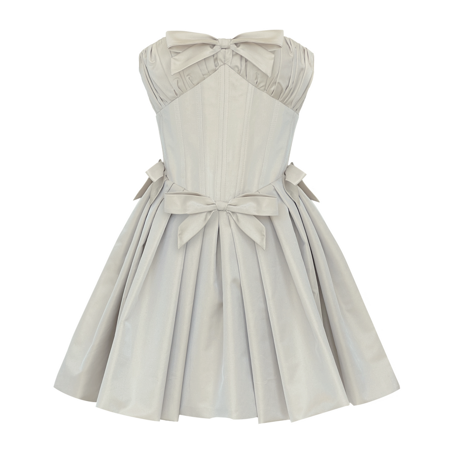 Beige strapless dress with large bow detail