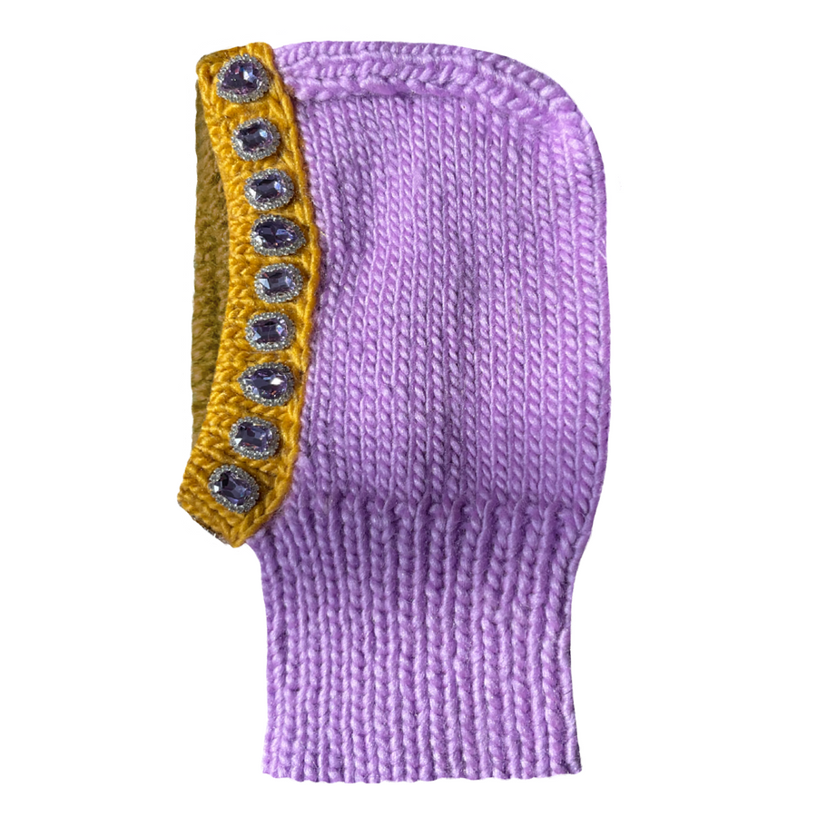Purple knitted balaclava with embroidered jewelry 