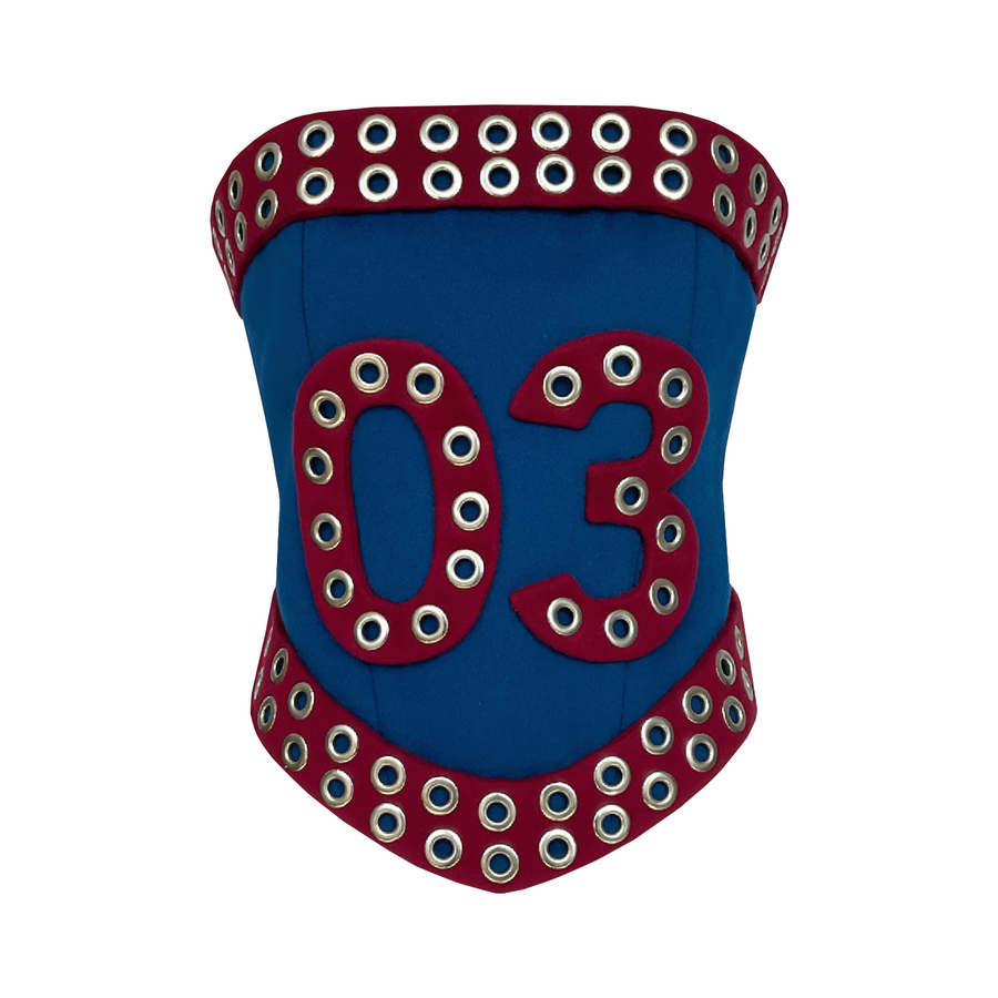 Blue and red corset with numbers
