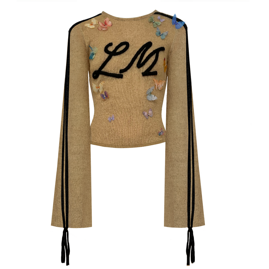 Beige sweater with long sleeves and embroidered butterflies