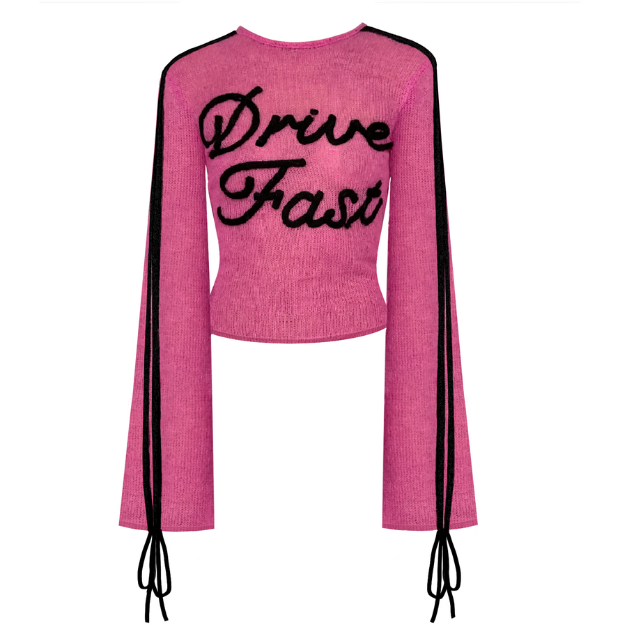Pink sweater with writing and long sleeves