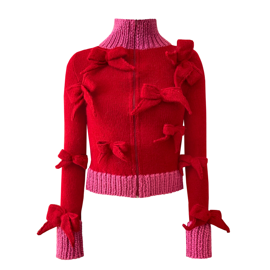 Red knitted sweater with bows