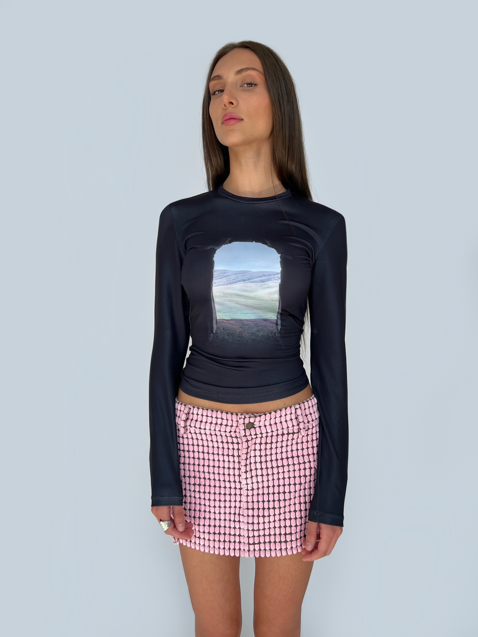 Black sweater with printed nature landscape and long sleeves