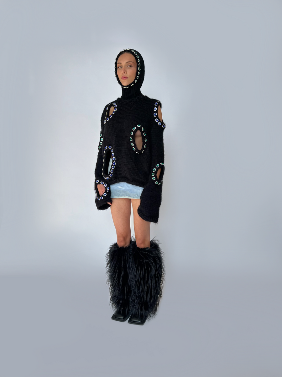 Black knitted balaclava with embroidered jewelry 