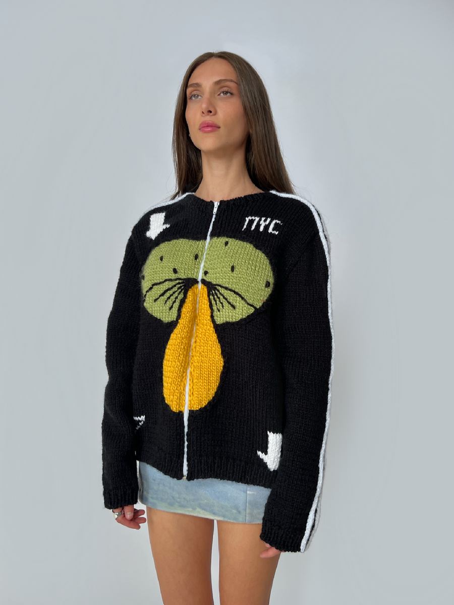 Black zippered knitted sweater with long sleeves and mushroom design