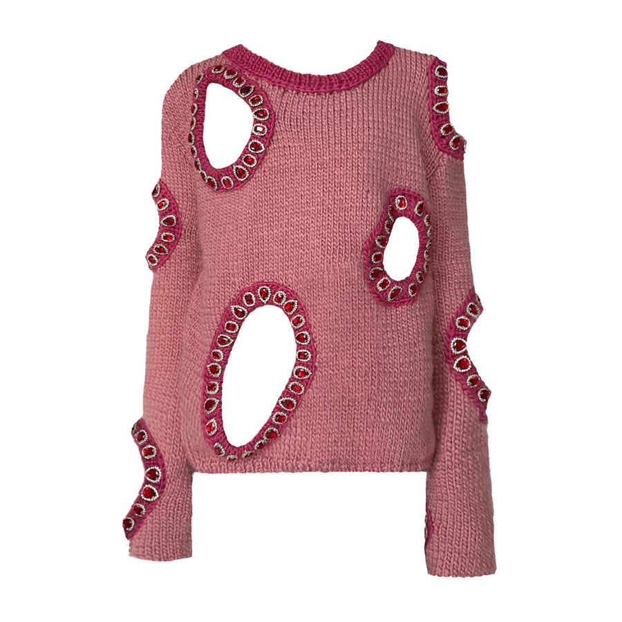 Pink knitted sweater with embroidered jewelry, long sleeves and holes