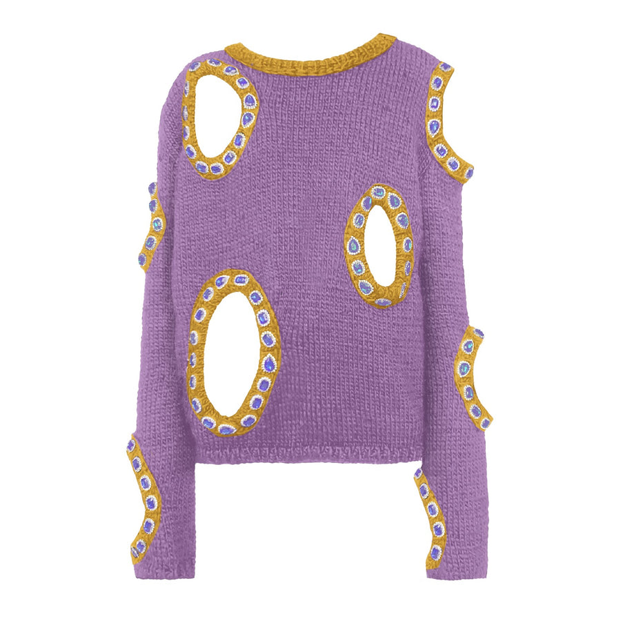 Purple knitted sweater with embroidered jewelry, long sleeves and holes