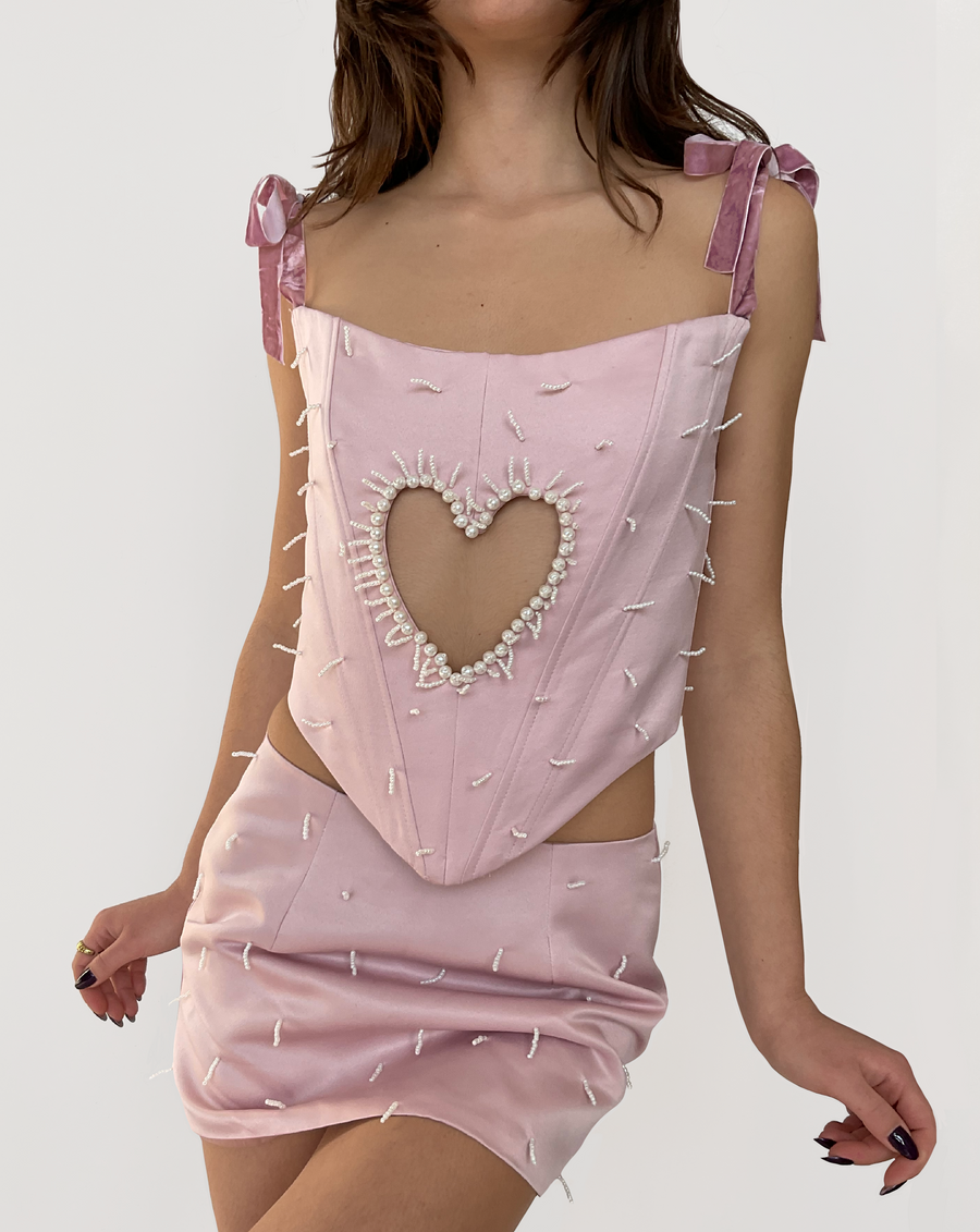Heart Pink Satin Top and Skirt