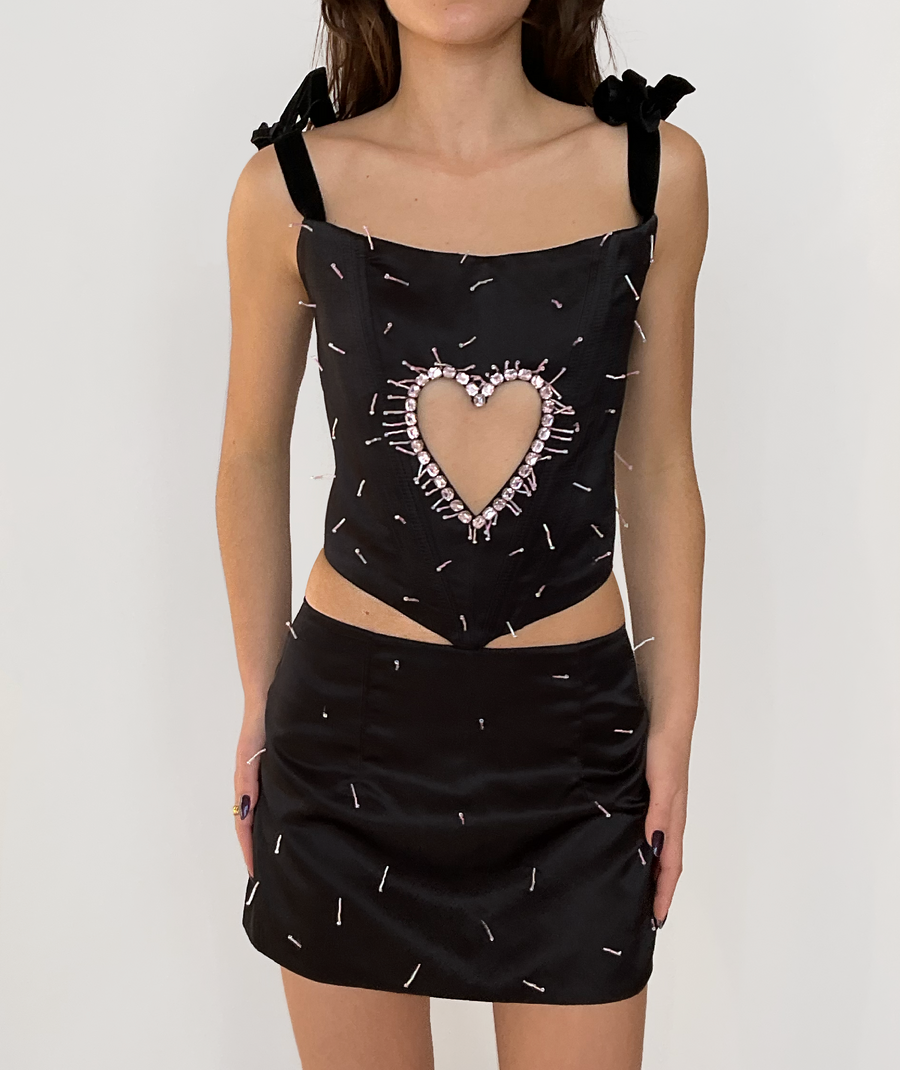 Heart Black Satin Top and Skirt