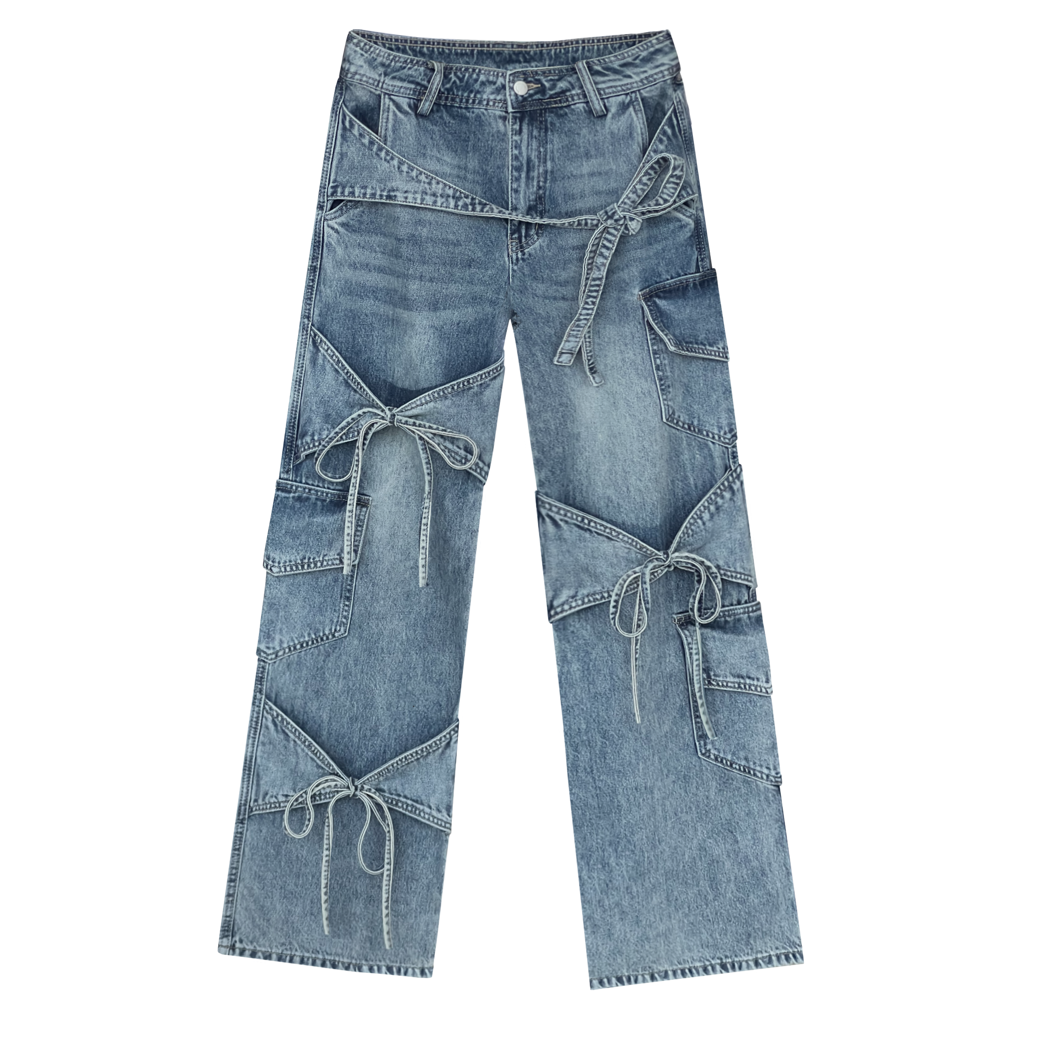 Blue denim jeans with tie details on a white background