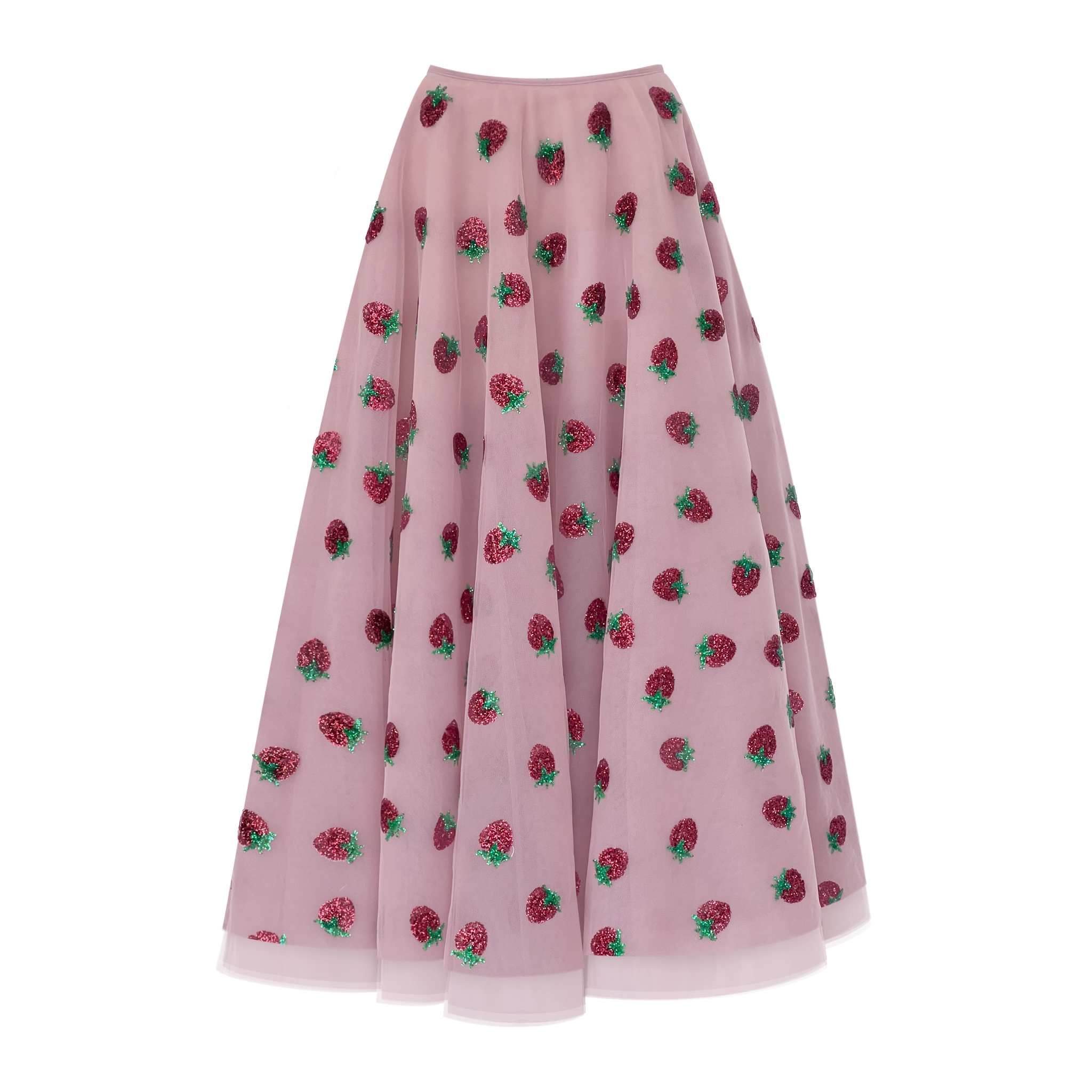 Pink skirt with strawberry pattern on a white background