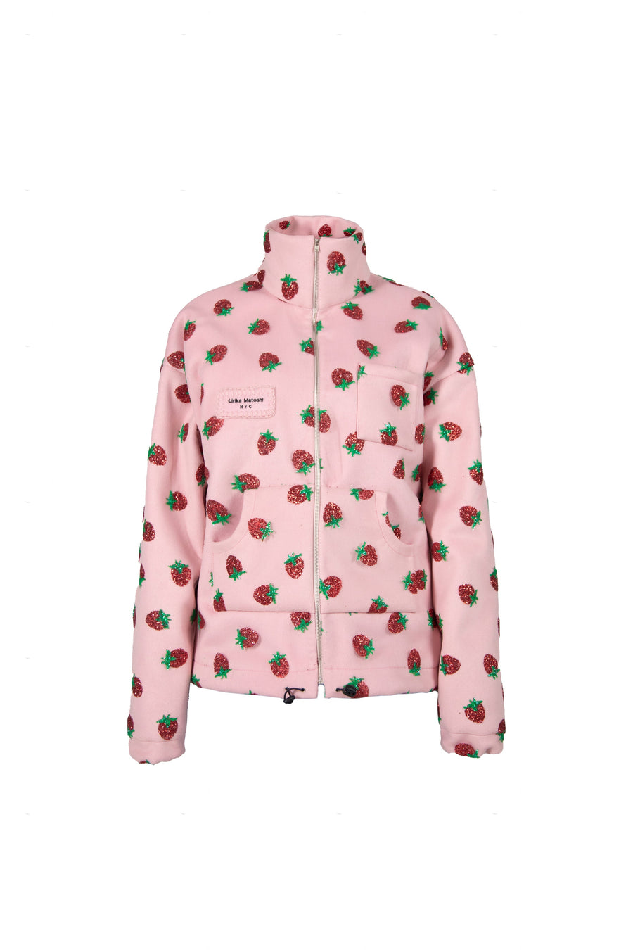 Pink wool jacket with embroidered strawberries