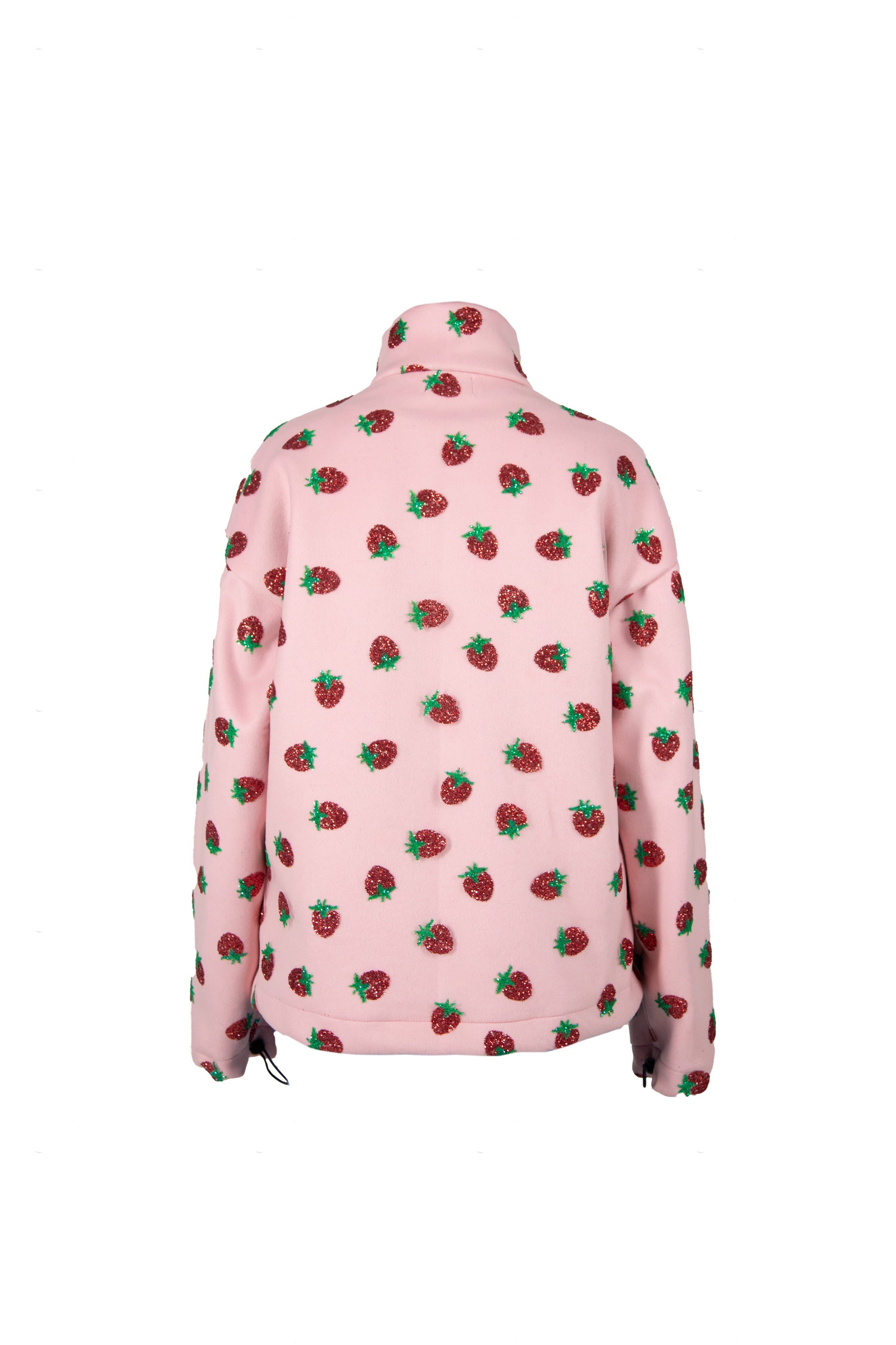Pink wool jacket with embroidered strawberries