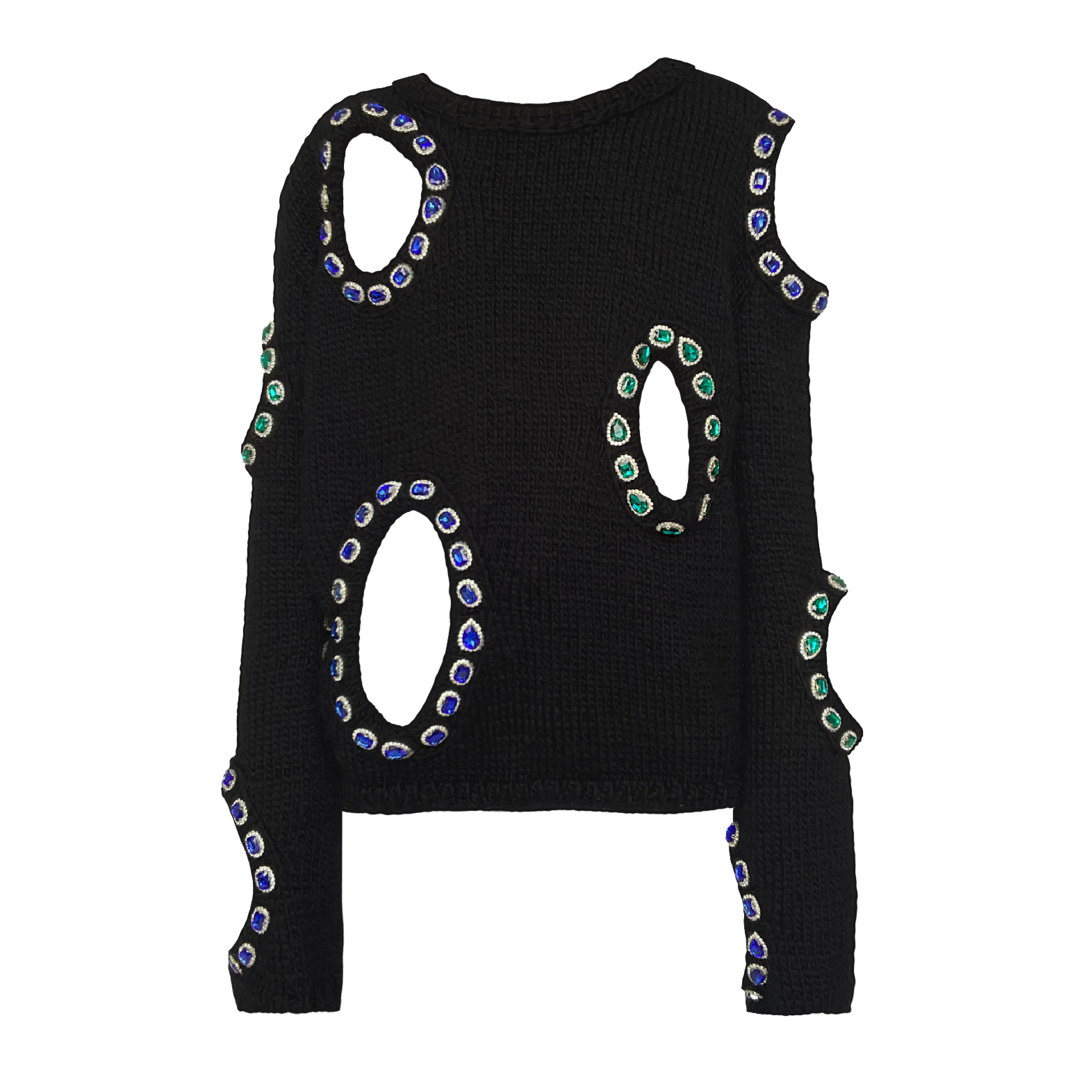 Black knitted sweater with embroidered jewelry, long sleeves and holes
