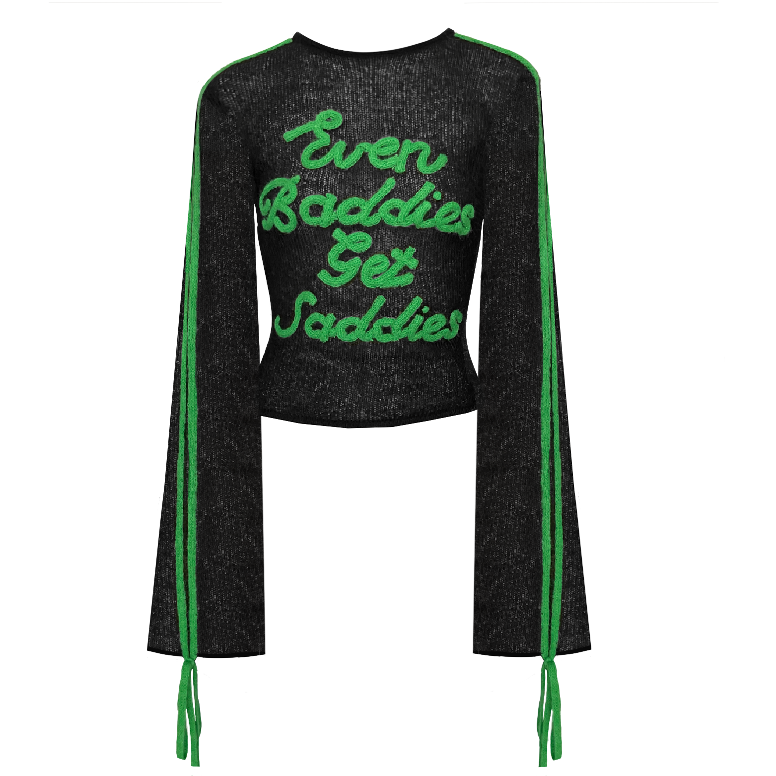 Black and green sweater with writing and long sleeves