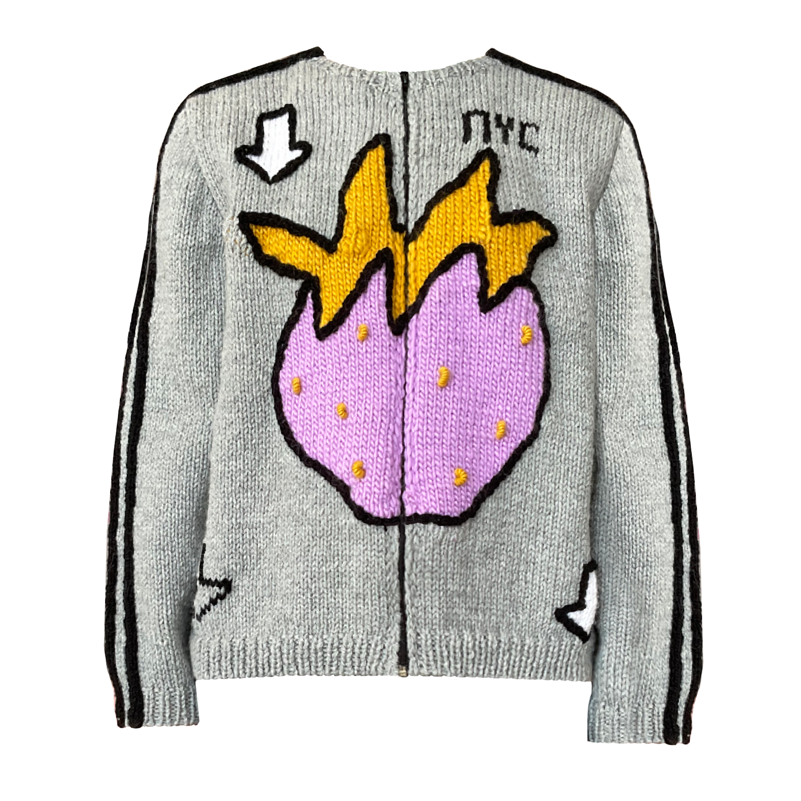 Grey zippered and knitted sweater with long sleeves and berry design