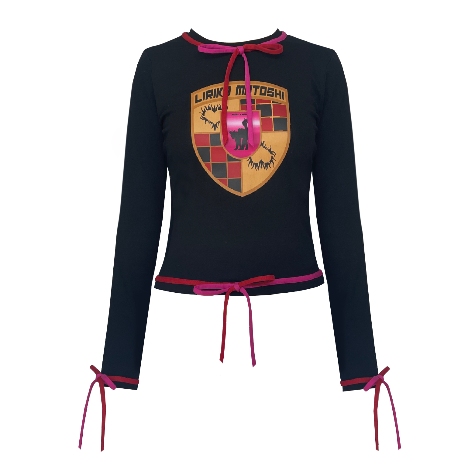 Black sweater with pink bows, long sleeves and printed design 