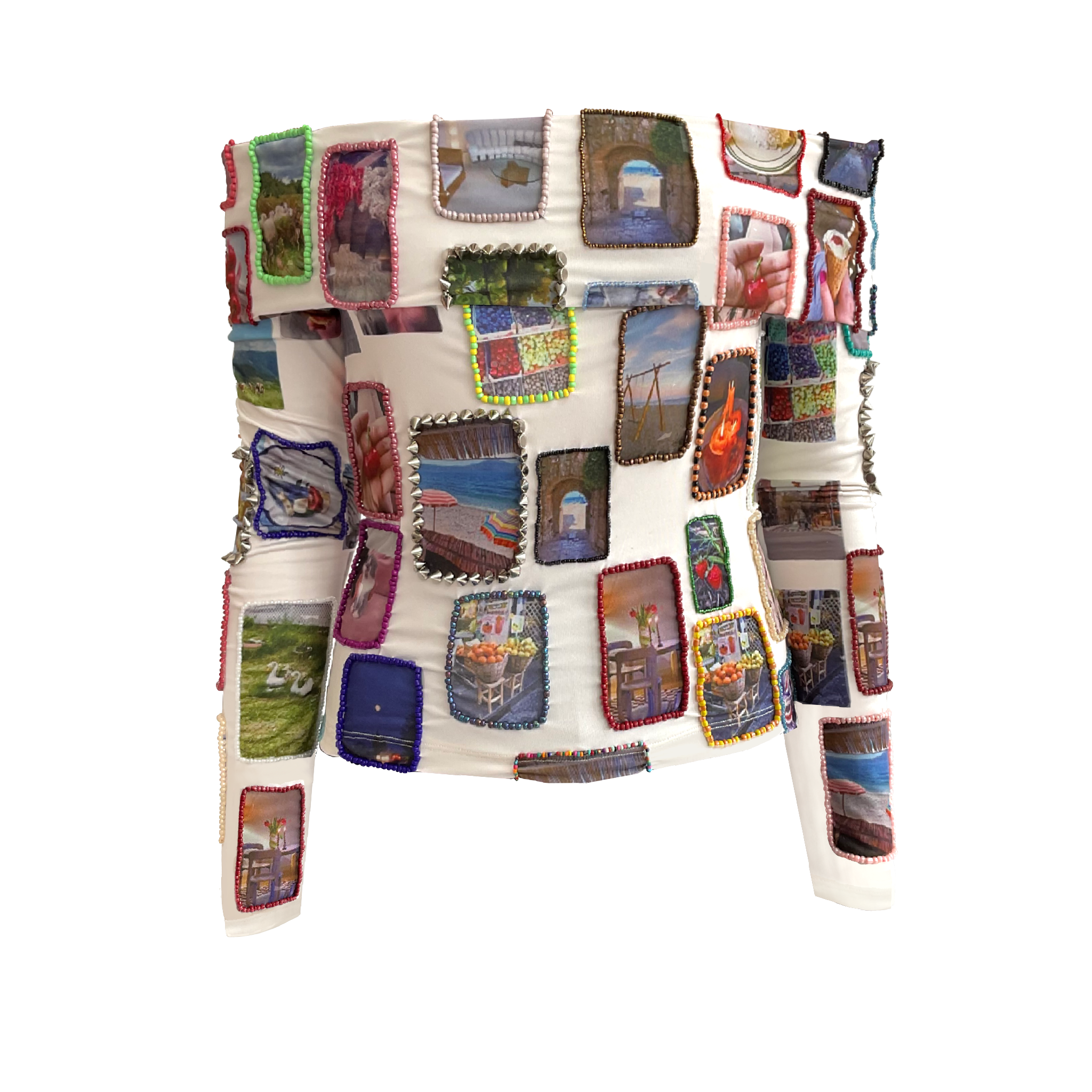 beaded top with embroidered pictures