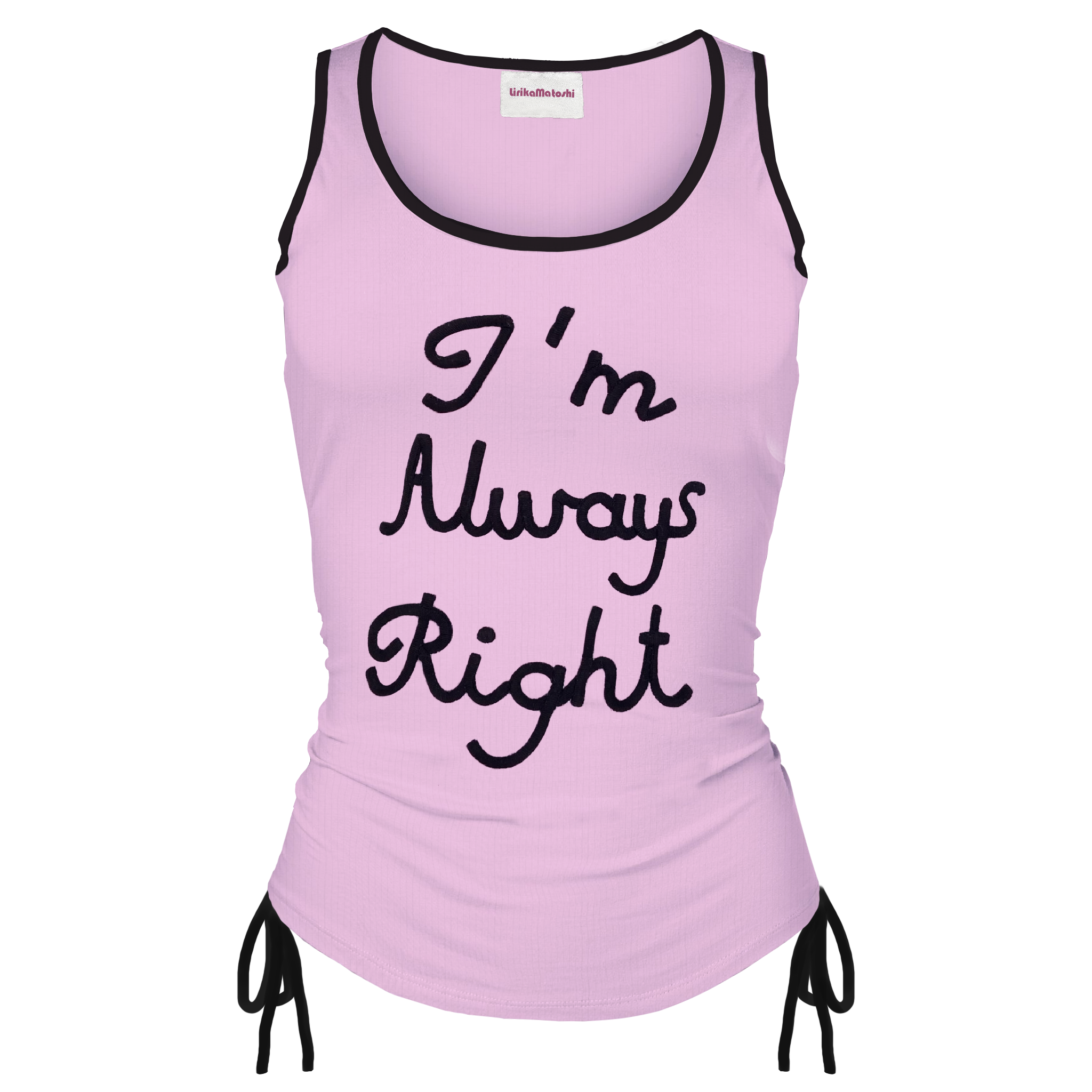 Pink tank top with embroidered words