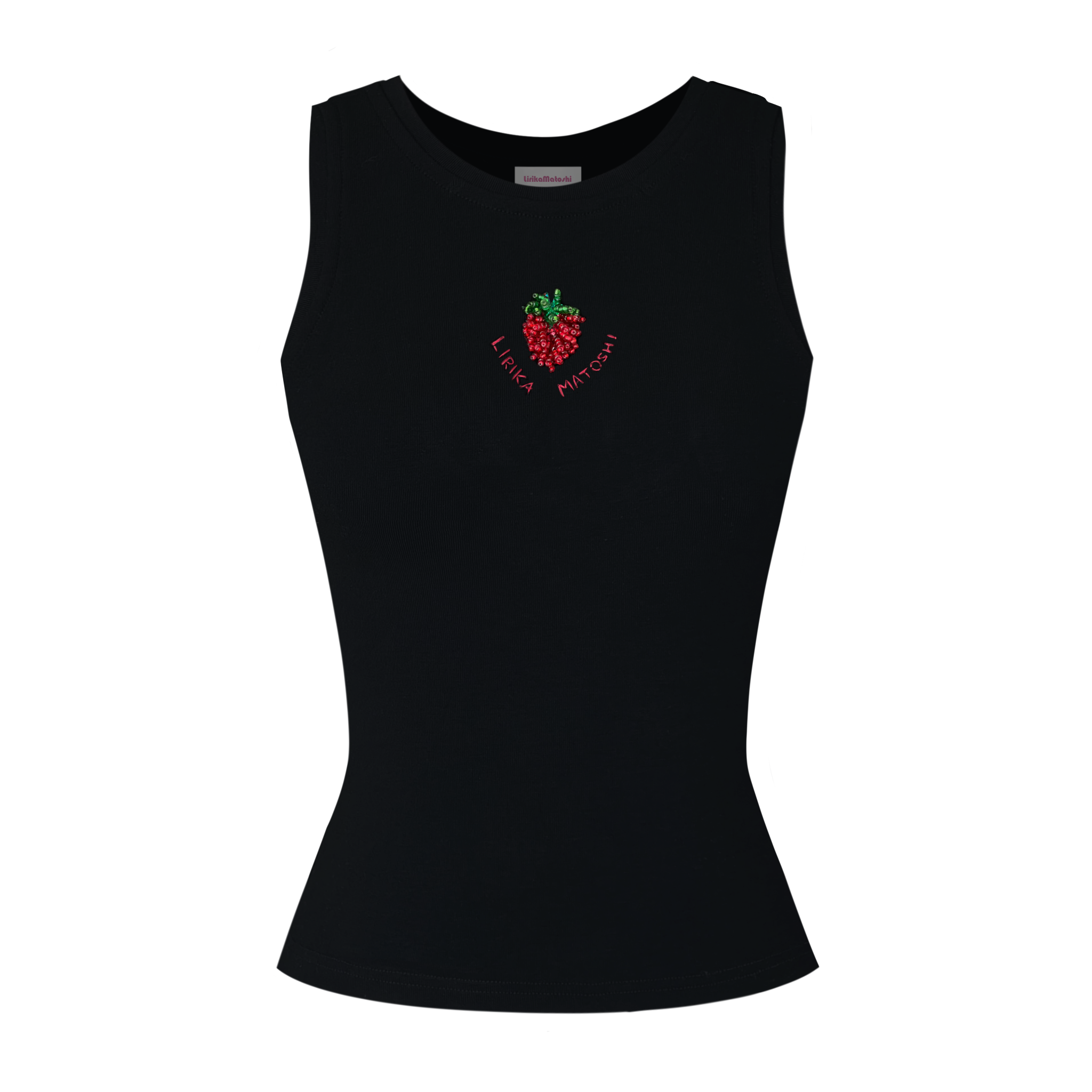 Black tank top with strawberry design and text