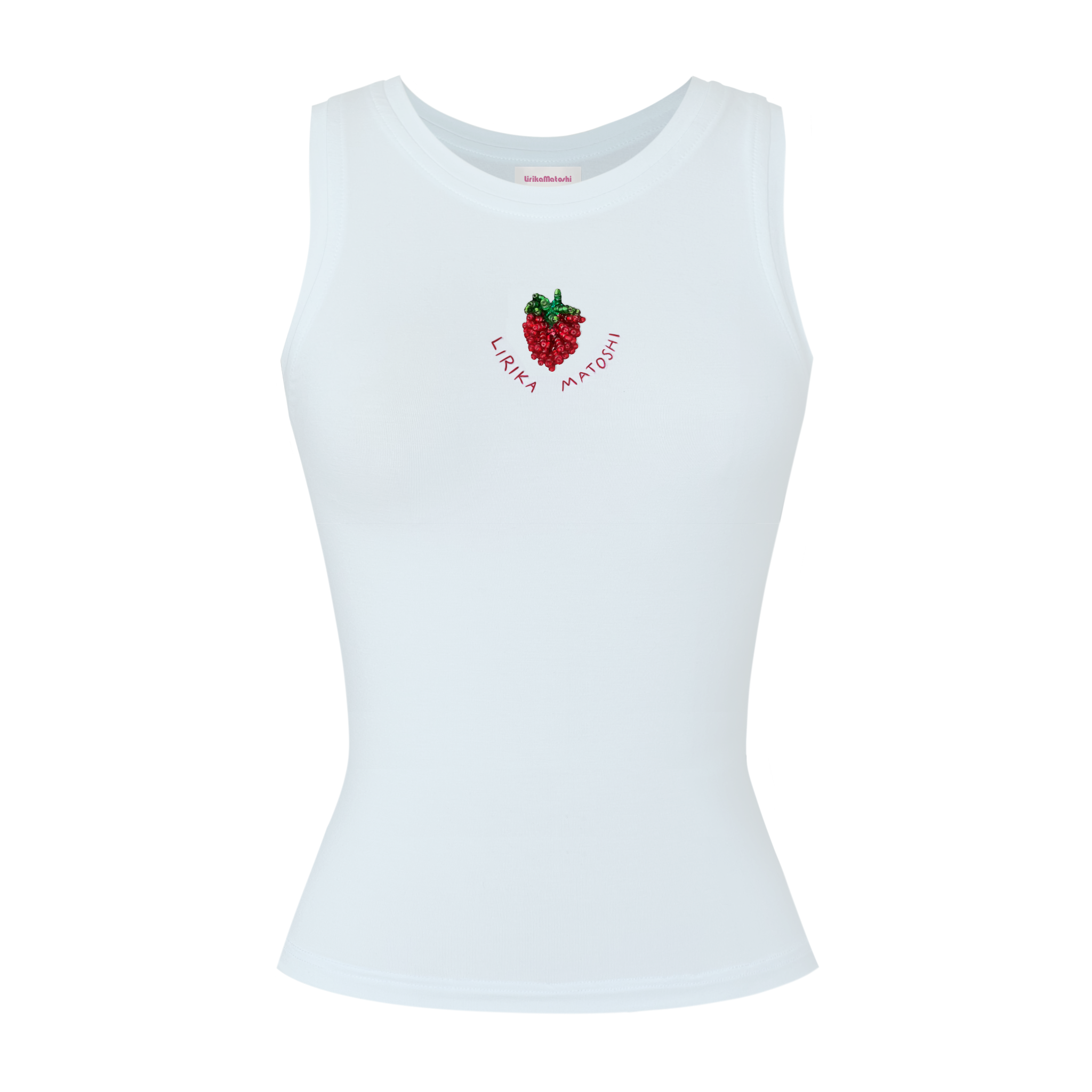 White tank top with red strawberry design and text
