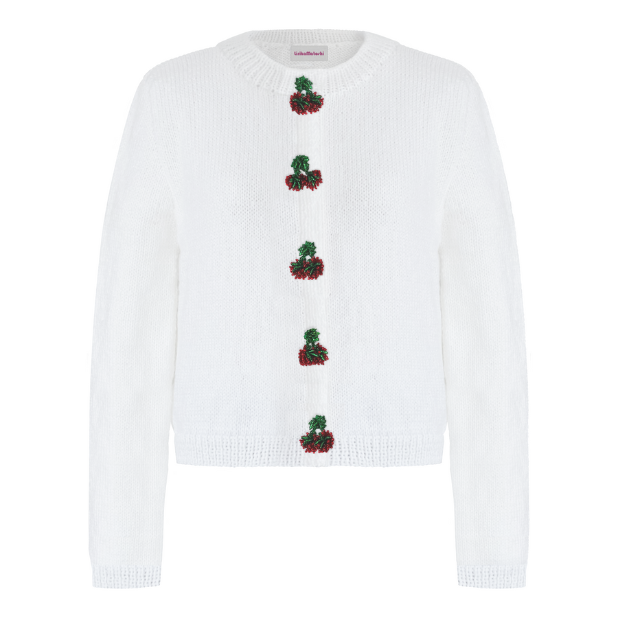 White sweater with embroidered cherries 