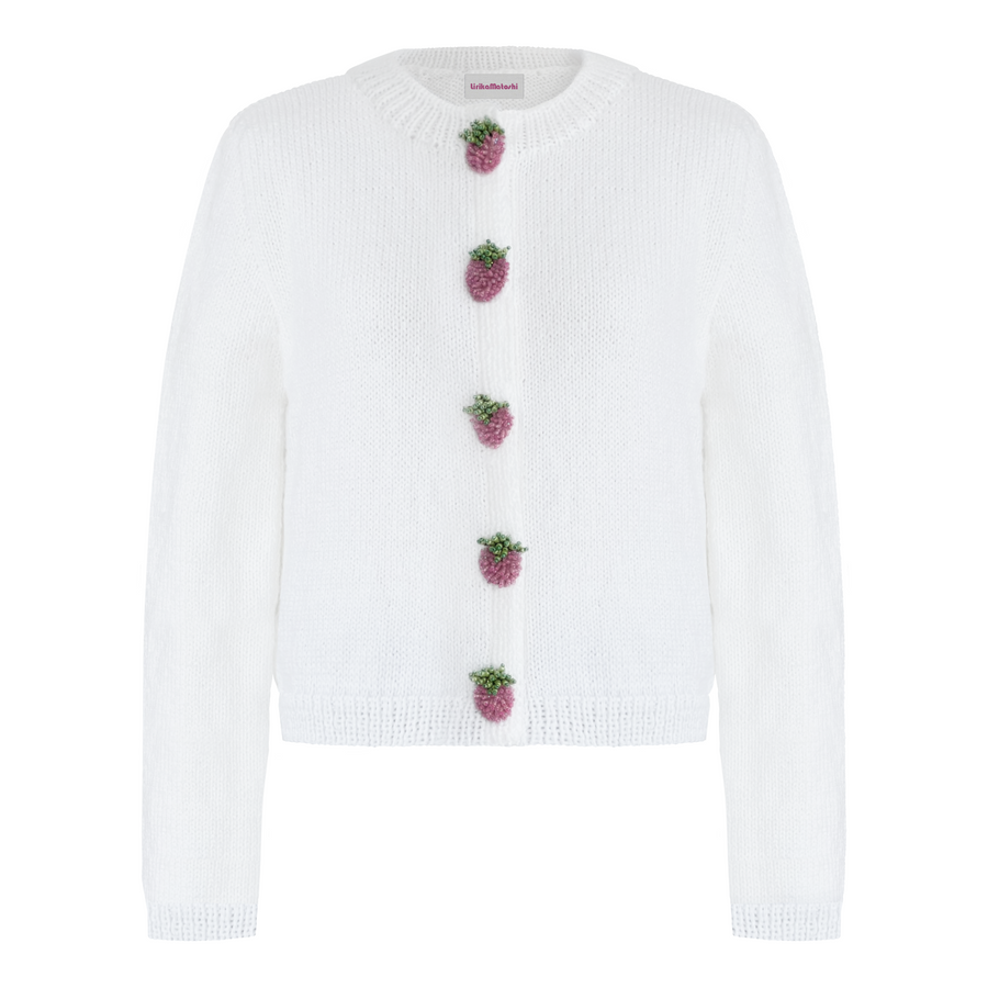 White cardigan with embroidered pink strawberry buttons 