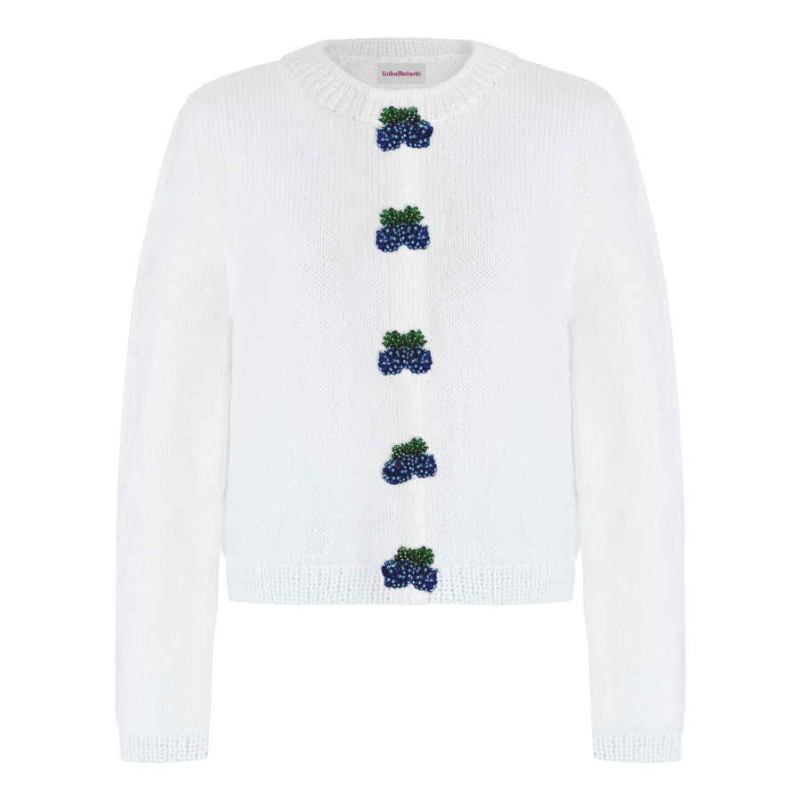 White cardigan with embroidered blueberry designs 
