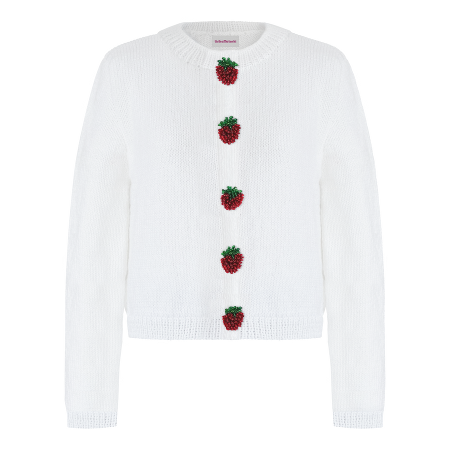 White cardigan with embroidered strawberry buttons