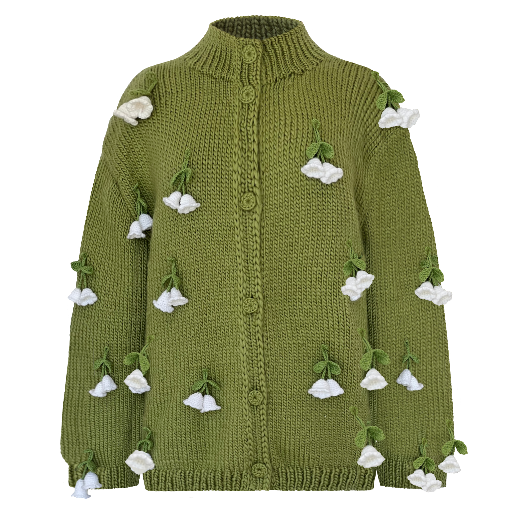 Green knitted cardigan with white floral embellishments