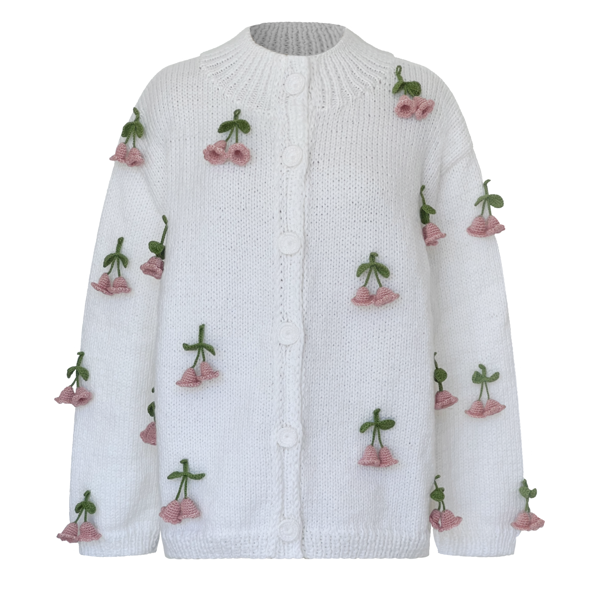 White knitted cardigan with pink floral embellishments