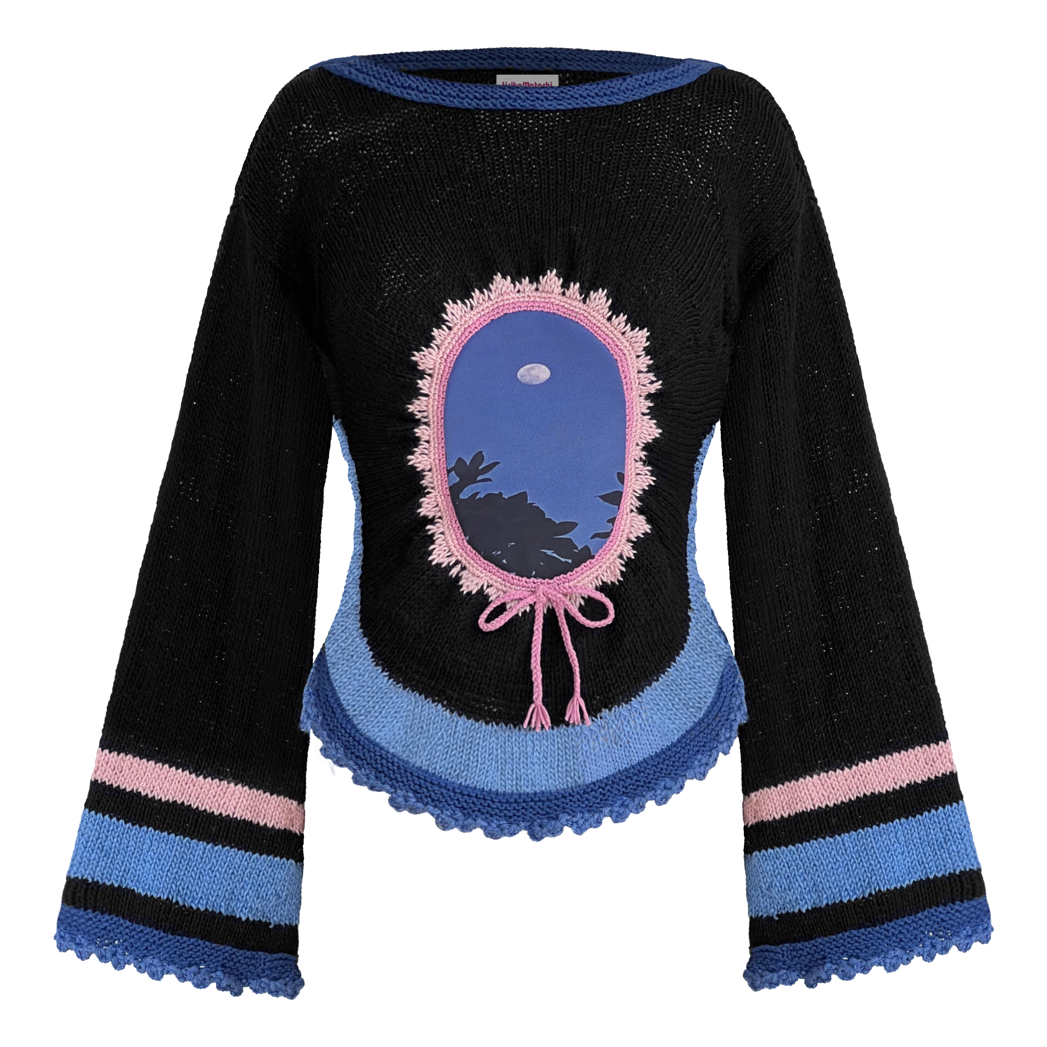 Black sweater with blue and pink accents featuring a mirror design