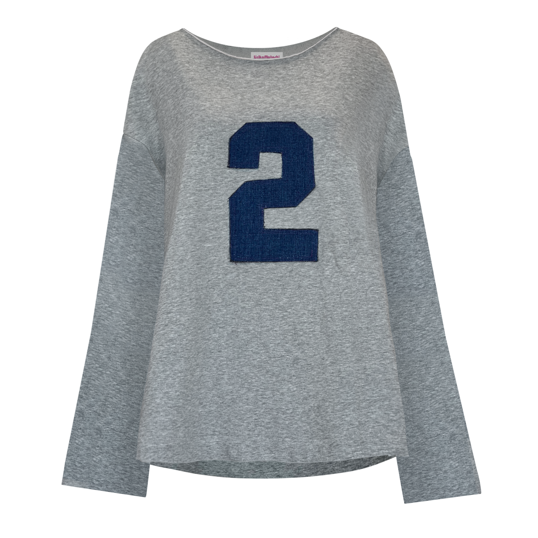 Gray long-sleeve shirt with a navy blue number 2