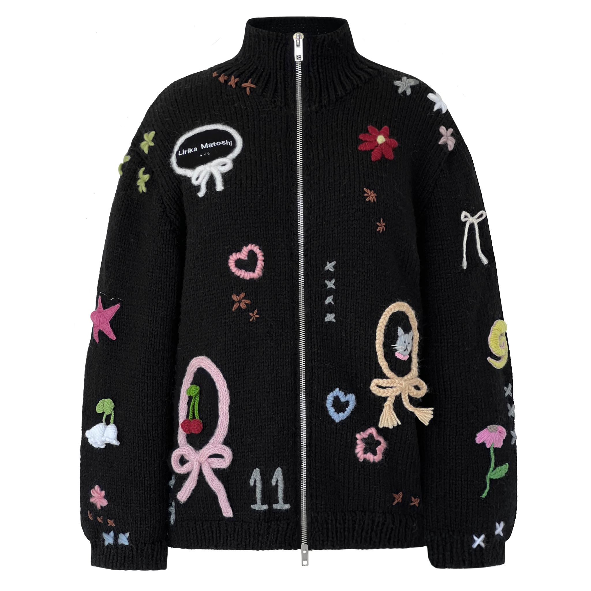 Black knitted sweater with colorful embroidered designs