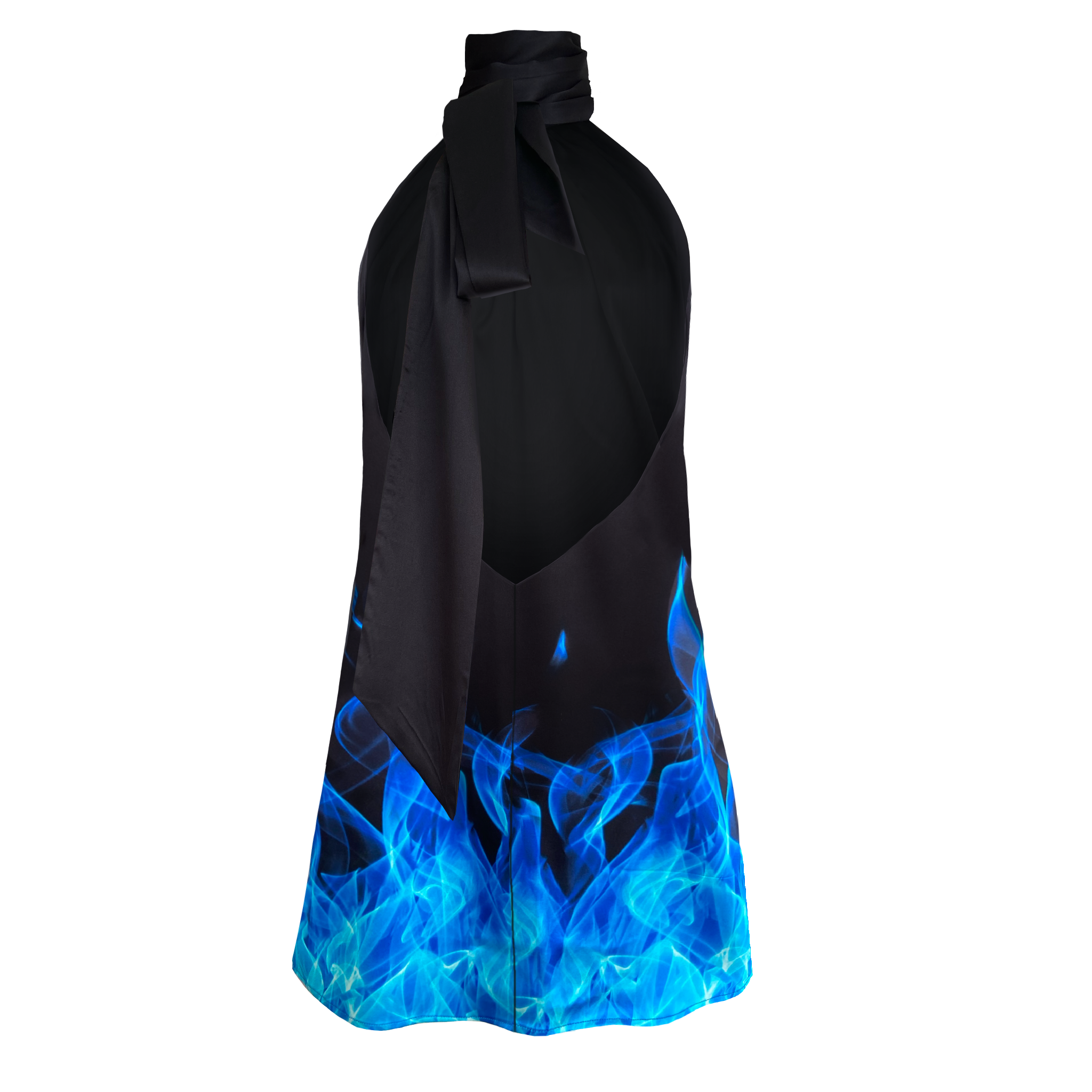 Black mini silk dress with blue flames