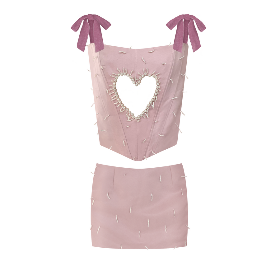Heart Pink Satin Top and Skirt