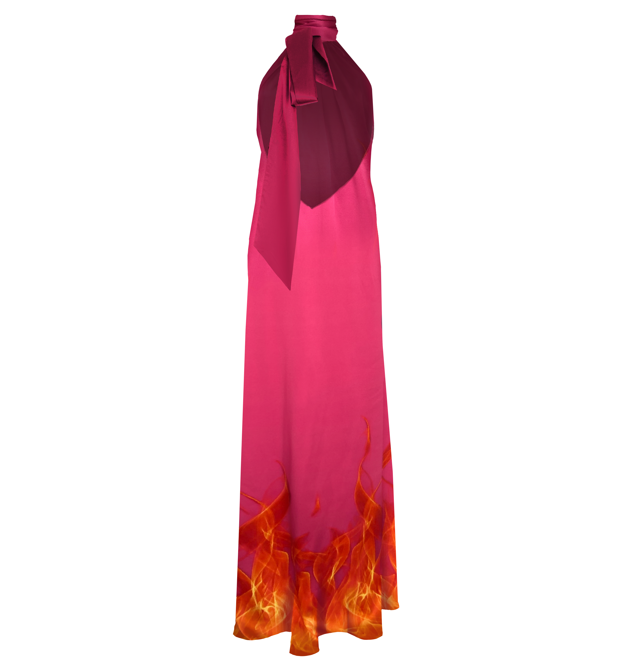 Pink maxi silk dress with blue flames
