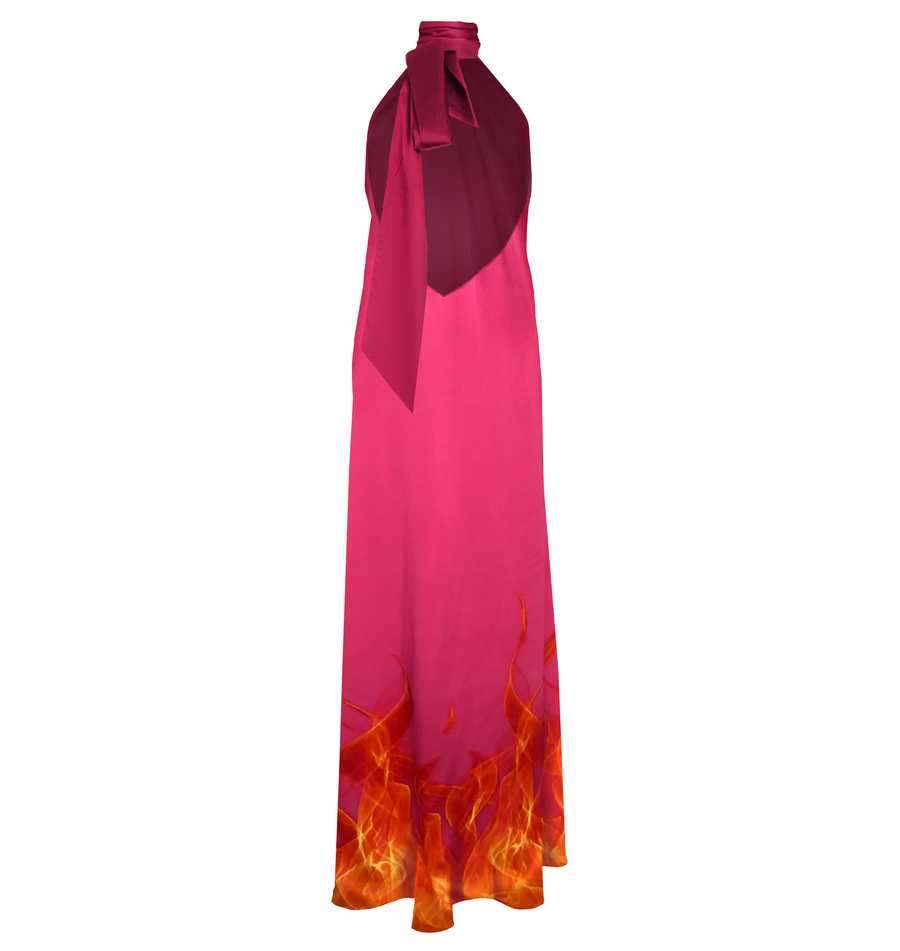 Pink maxi silk dress with blue flames