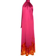 Pink maxi silk dress with blue flames