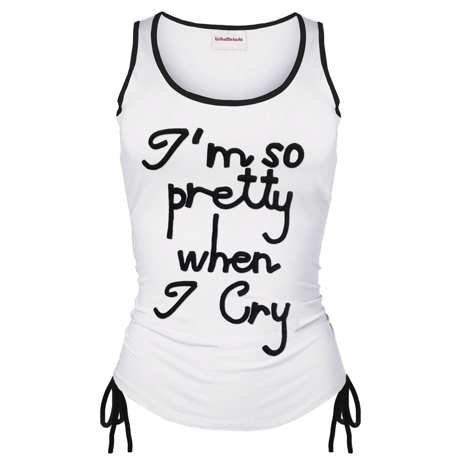 white tank top with embroidered words