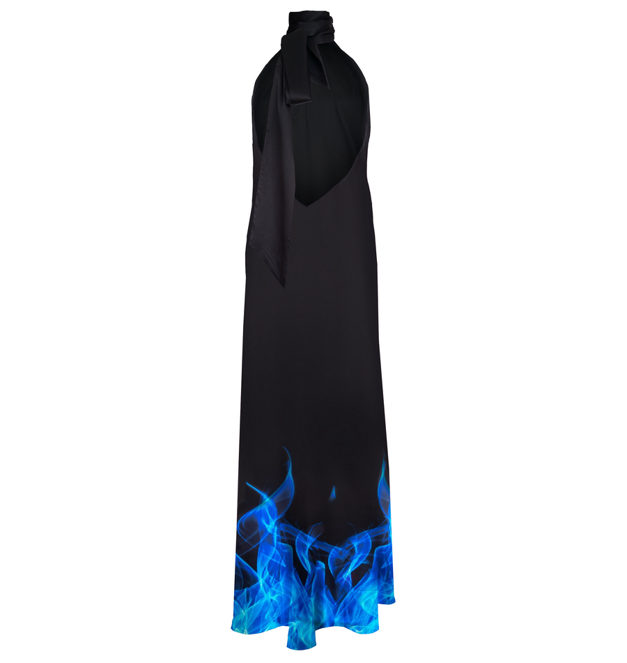 Blue maxi silk dress with blue flames