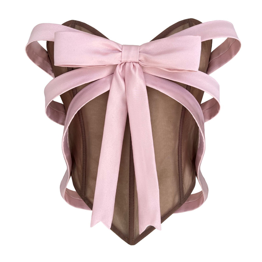 Brown corset with pink bow