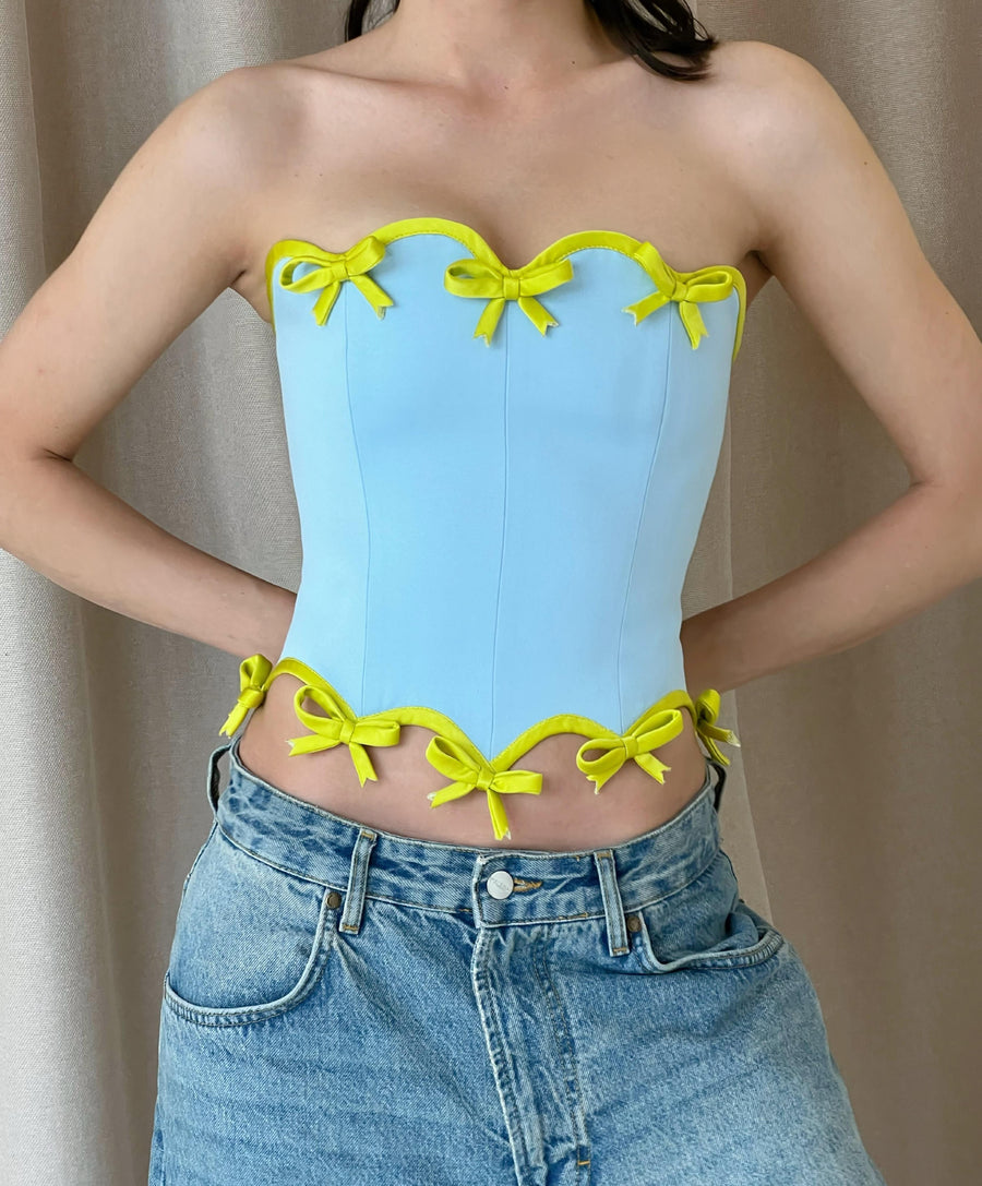 blue and yellow corset