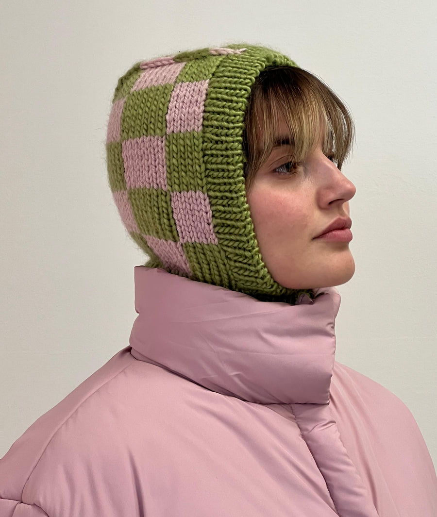 pink and green checkered hand knitted balaclava