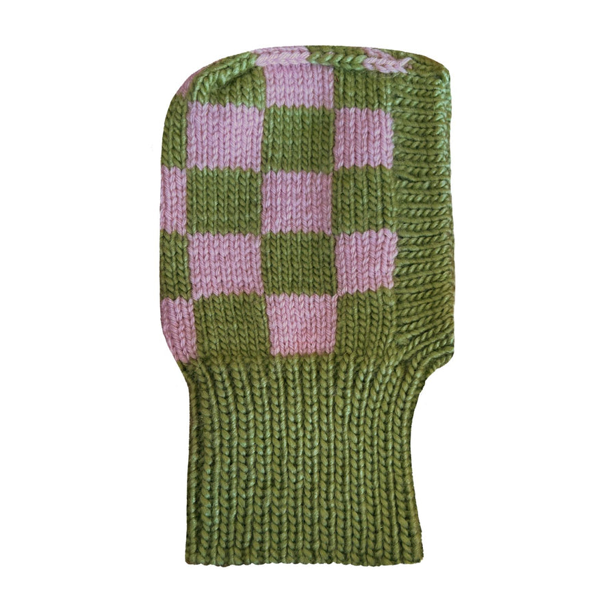 green and pink checkered hand knitted balaclava